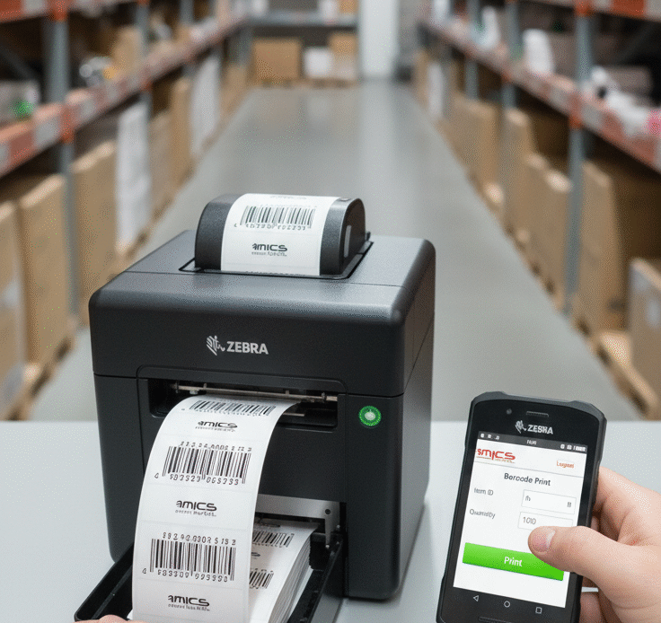 Image of a warehouse employee printing with AMICS Bar Code Software